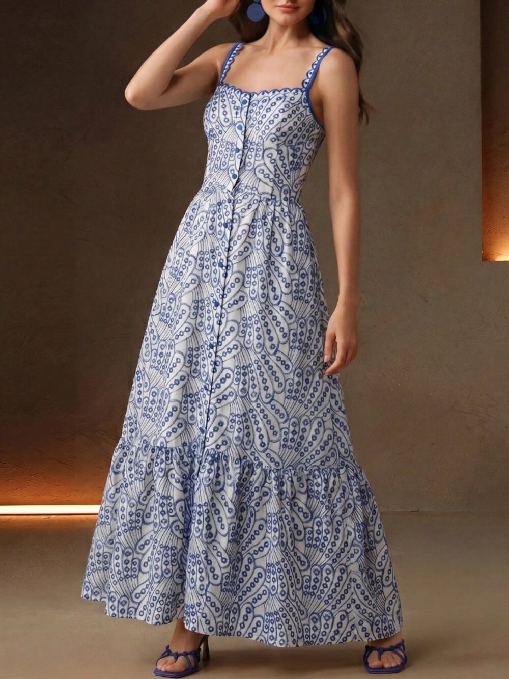 Blue Boho Women's Elegant Floral Embroidered Hollow-Out Ruffle Hem A-Line Dress - Picture 5 of 7